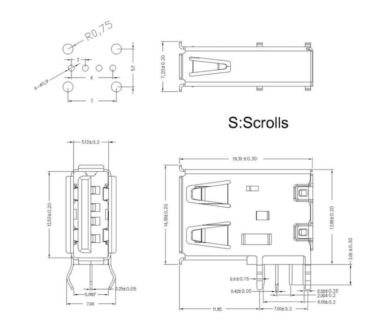 USB2.0側插腳單層母座尺寸圖